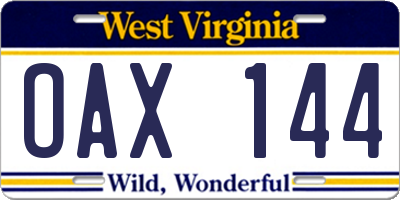 WV license plate OAX144