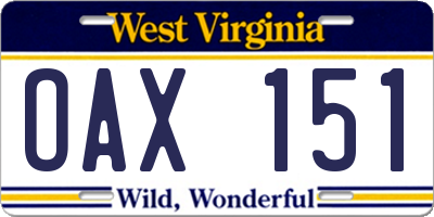 WV license plate OAX151