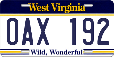 WV license plate OAX192