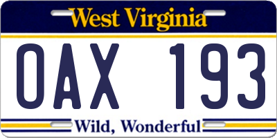 WV license plate OAX193
