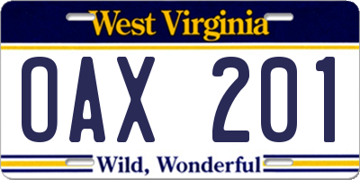 WV license plate OAX201