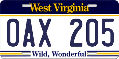 WV license plate OAX205