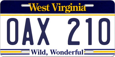 WV license plate OAX210