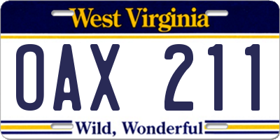 WV license plate OAX211
