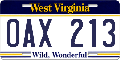 WV license plate OAX213
