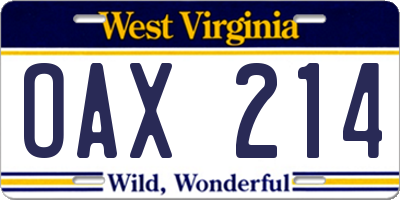 WV license plate OAX214