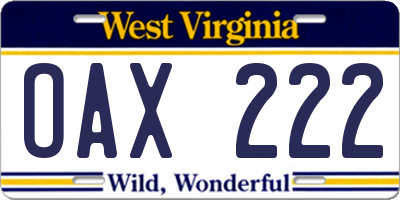 WV license plate OAX222