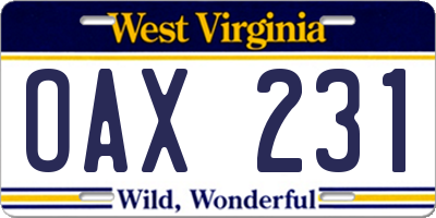 WV license plate OAX231