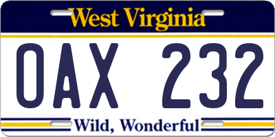WV license plate OAX232