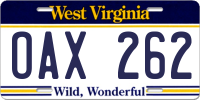WV license plate OAX262