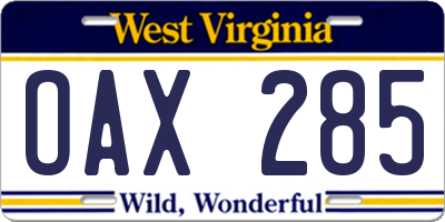 WV license plate OAX285