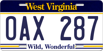 WV license plate OAX287