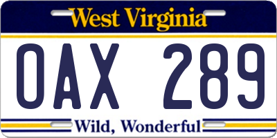 WV license plate OAX289