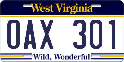 WV license plate OAX301