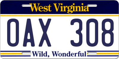 WV license plate OAX308