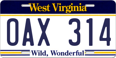 WV license plate OAX314