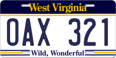 WV license plate OAX321