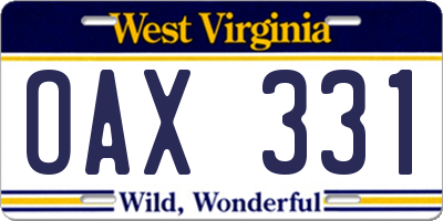 WV license plate OAX331