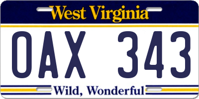 WV license plate OAX343