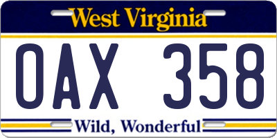 WV license plate OAX358