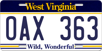 WV license plate OAX363
