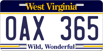 WV license plate OAX365