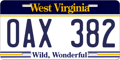 WV license plate OAX382