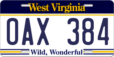 WV license plate OAX384