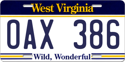 WV license plate OAX386