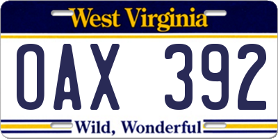 WV license plate OAX392