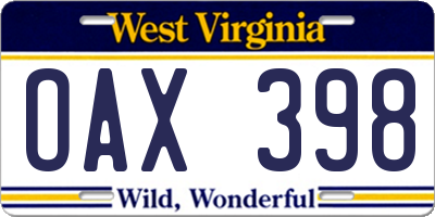 WV license plate OAX398