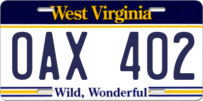 WV license plate OAX402