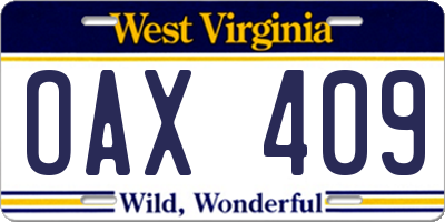 WV license plate OAX409