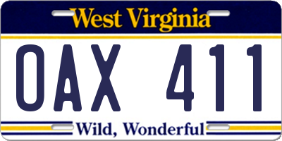 WV license plate OAX411