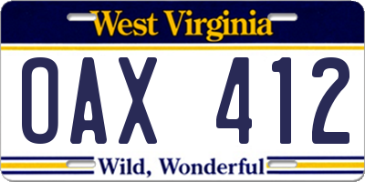 WV license plate OAX412