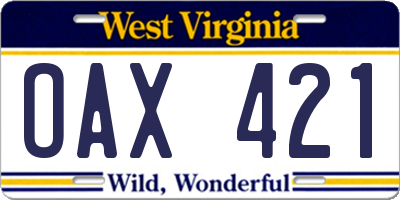 WV license plate OAX421
