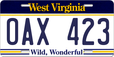 WV license plate OAX423