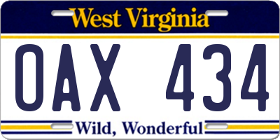 WV license plate OAX434