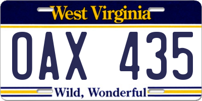 WV license plate OAX435