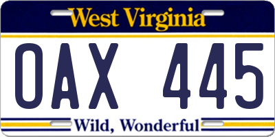 WV license plate OAX445