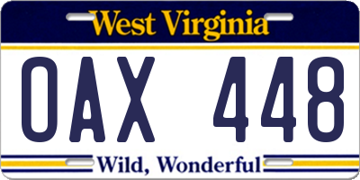 WV license plate OAX448
