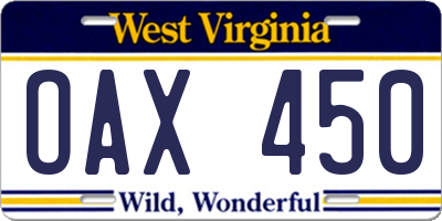 WV license plate OAX450