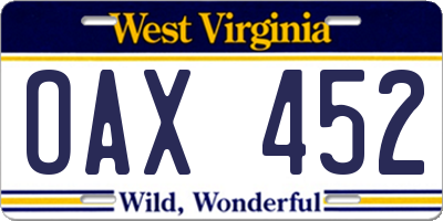 WV license plate OAX452
