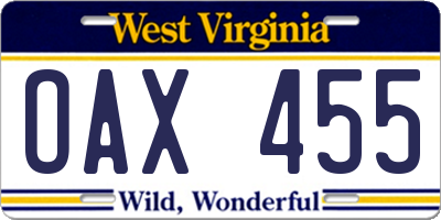 WV license plate OAX455