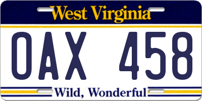 WV license plate OAX458