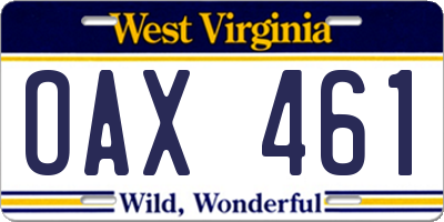 WV license plate OAX461