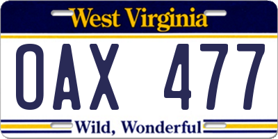 WV license plate OAX477