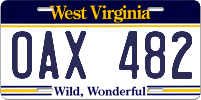WV license plate OAX482