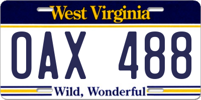 WV license plate OAX488