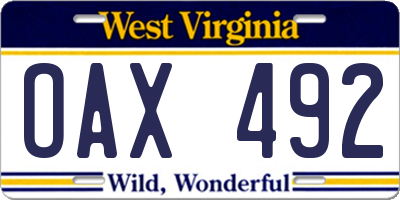 WV license plate OAX492